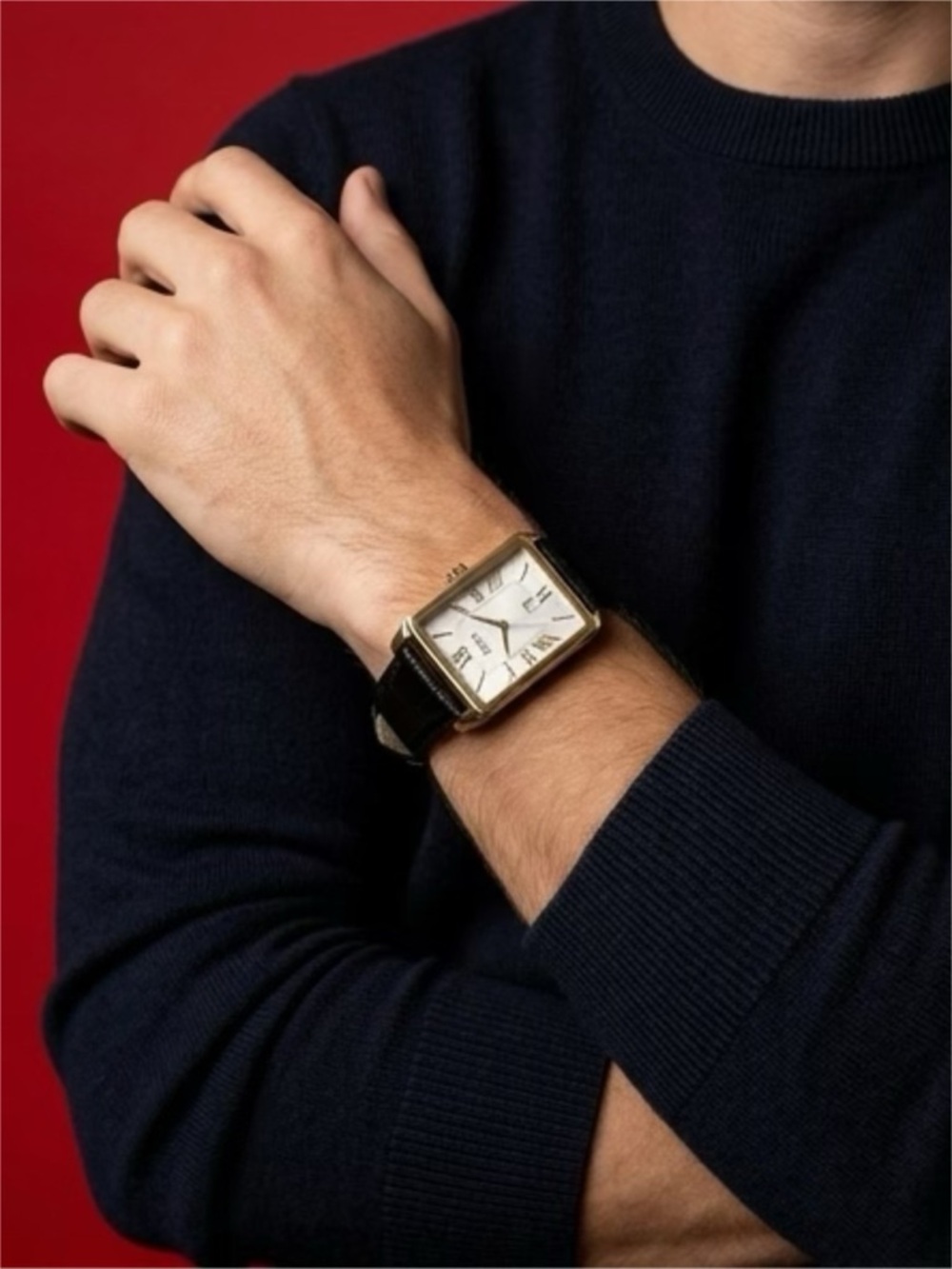 Hugo Boss Men's Square Gold-Tone Watch with Black Leather Strap